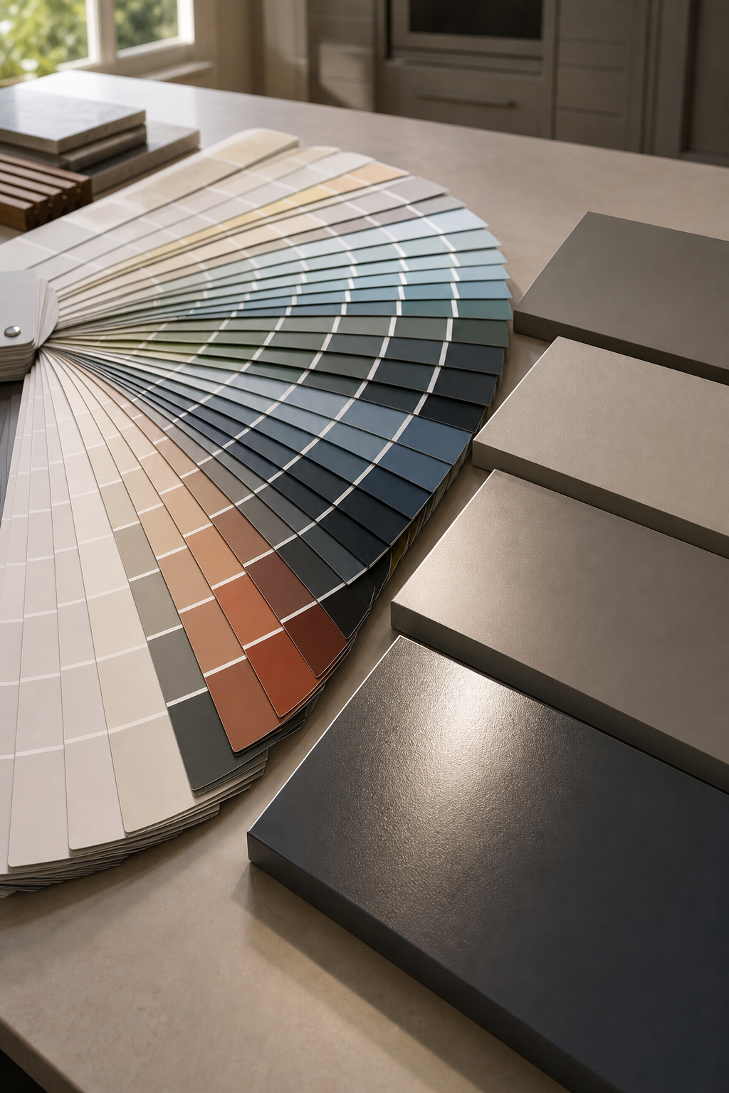 Professional paint color fan with a wide selection of architectural colors and painted sample panels demonstrating different sheen levels.