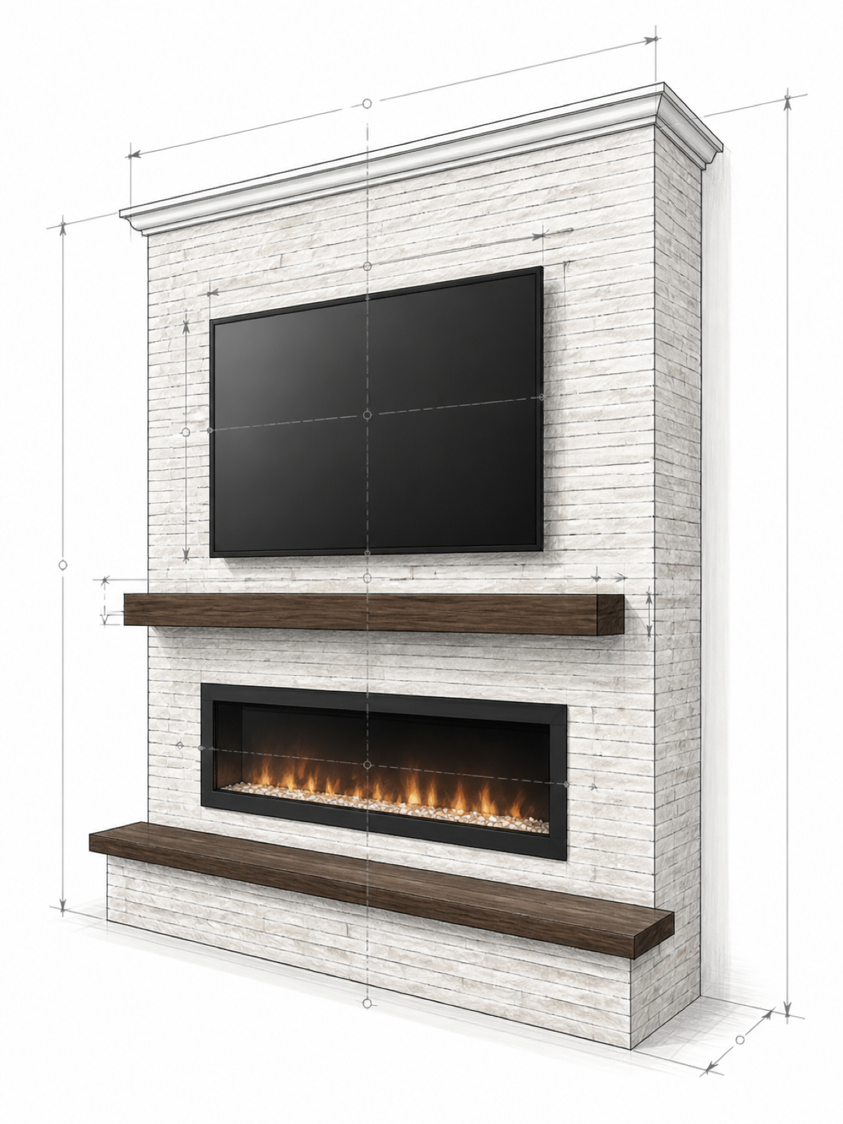 Architectural design sketch of a Ledger Stone Fireplace Media Wall showing dimensions, alignment, proportions, and build-out depth