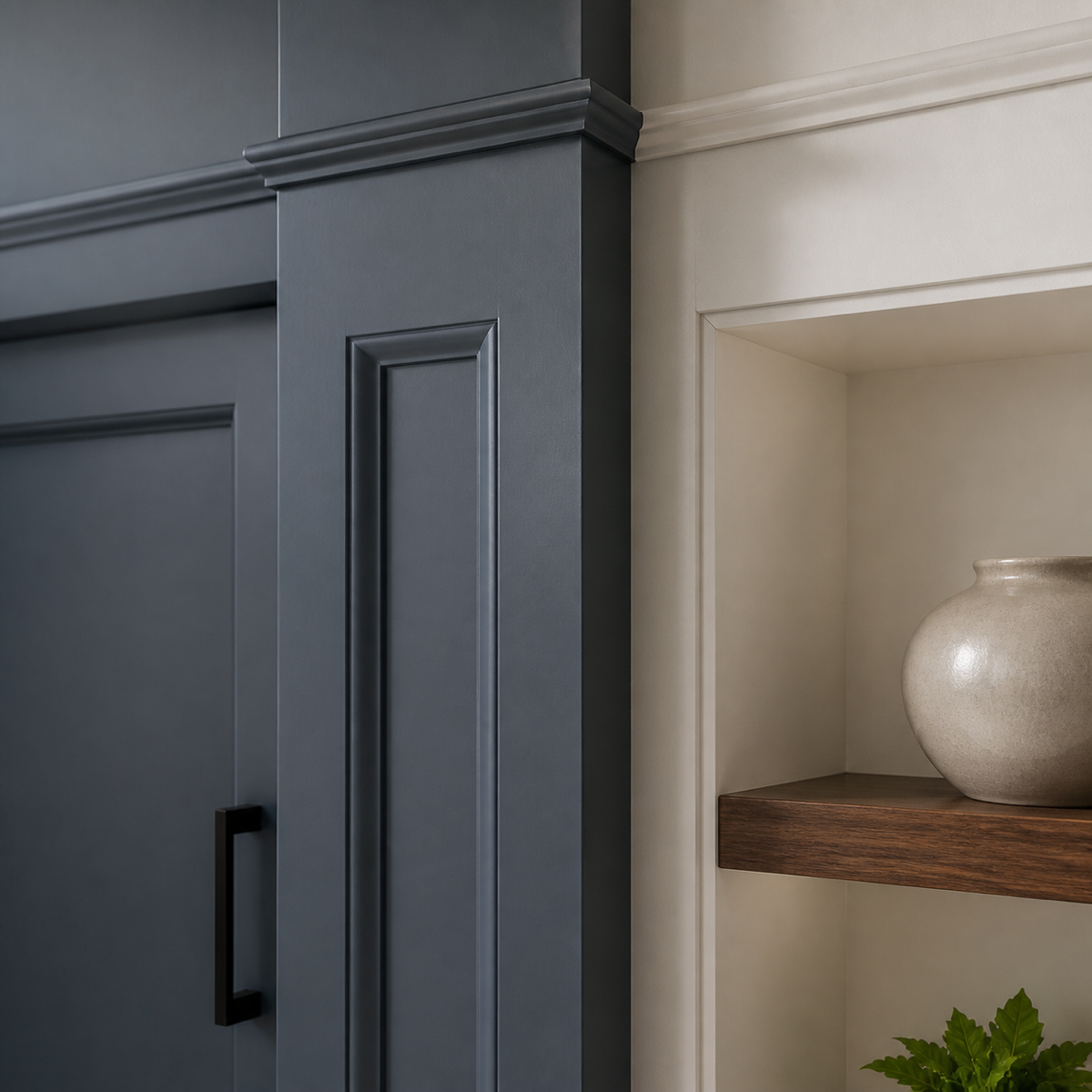 Close-up of kitchen cabinets with dark blue paint and black handles, and a beige shelf with a beige vase and green plant below.