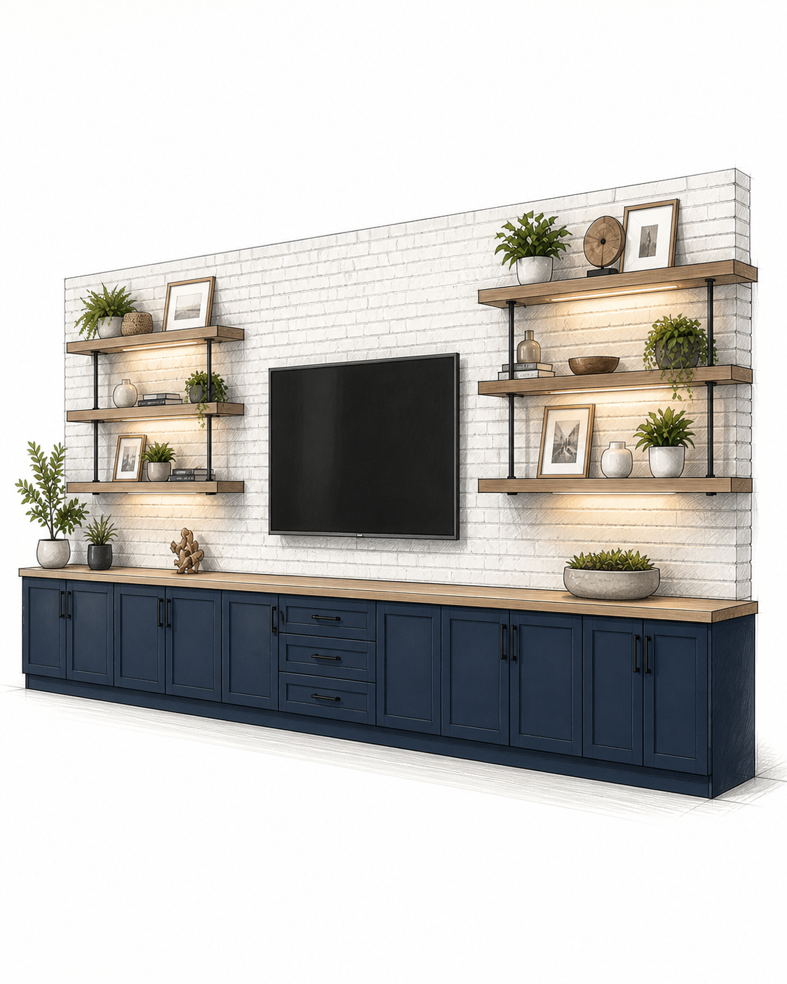 Architectural sketch of the C3-001 entertainment wall showing lower cabinets, brick-look panels, and illuminated oak shelves