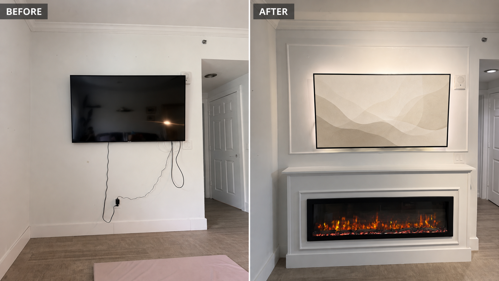 Before-and-after transformation of a Miami TV wall into a custom Fireplace Media Accent Wall with decorative trim and an integrated electric fireplace