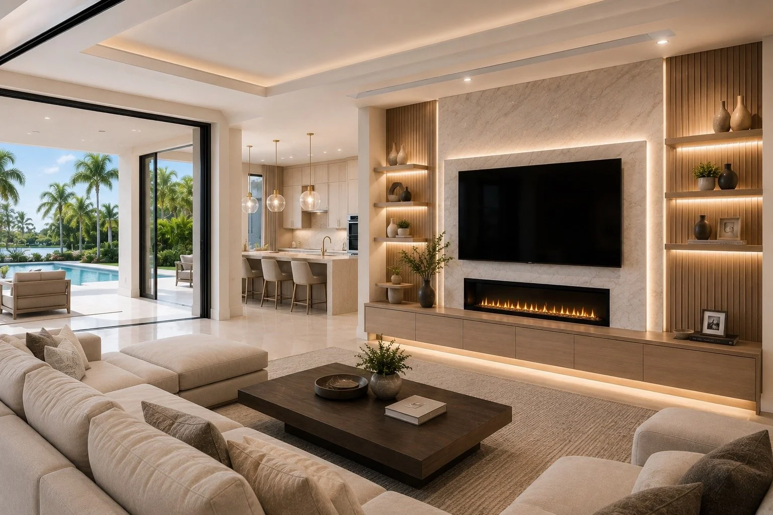 Modern living room with a beige sectional sofa, a dark wood coffee table, decorative vases, and a large flat-screen TV above a sleek fireplace. Open kitchen with hanging lights and a view of a pool and palm trees outside.