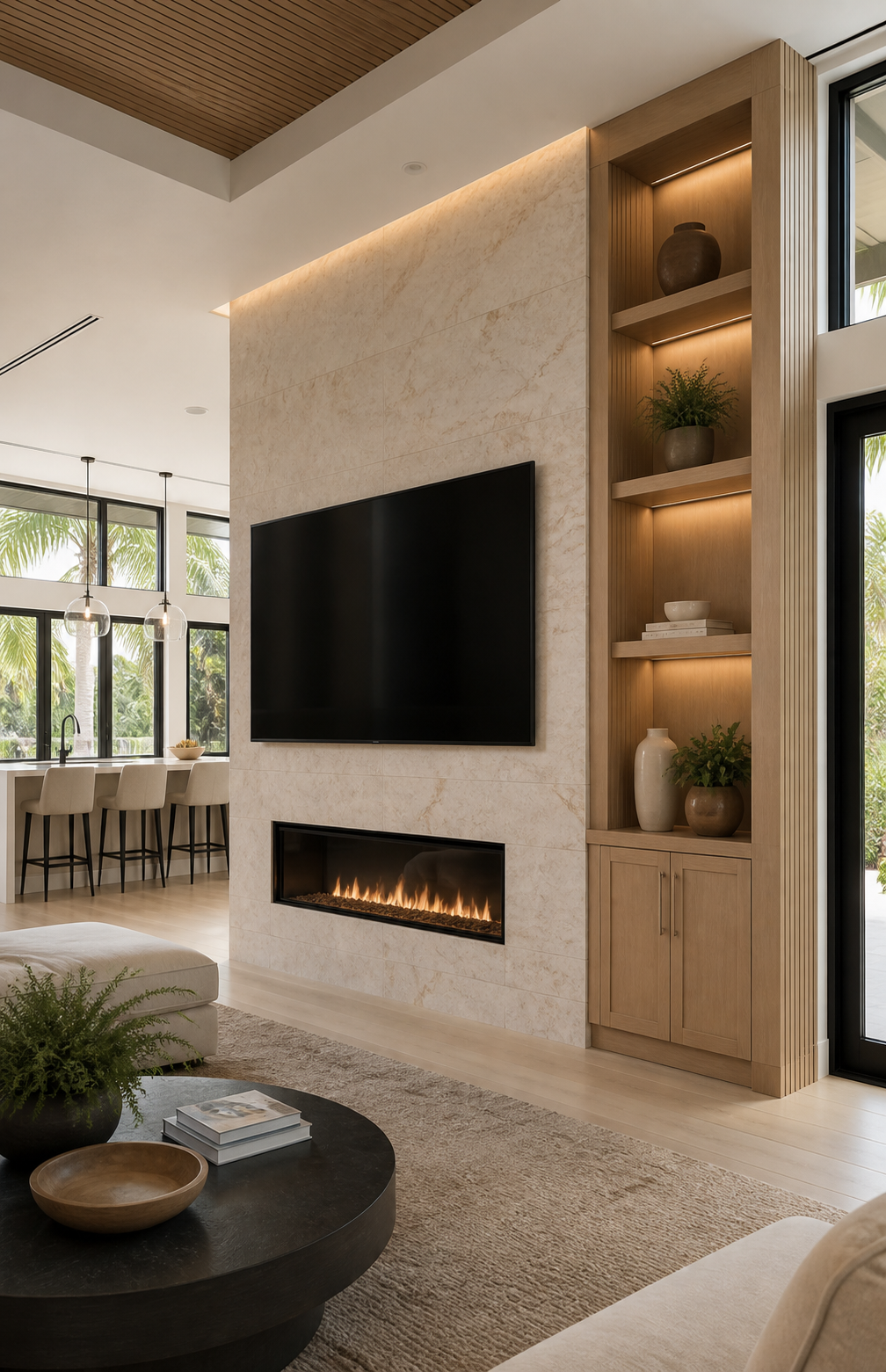 Custom fireplace media wall integrated into an open-concept Tampa Bay home