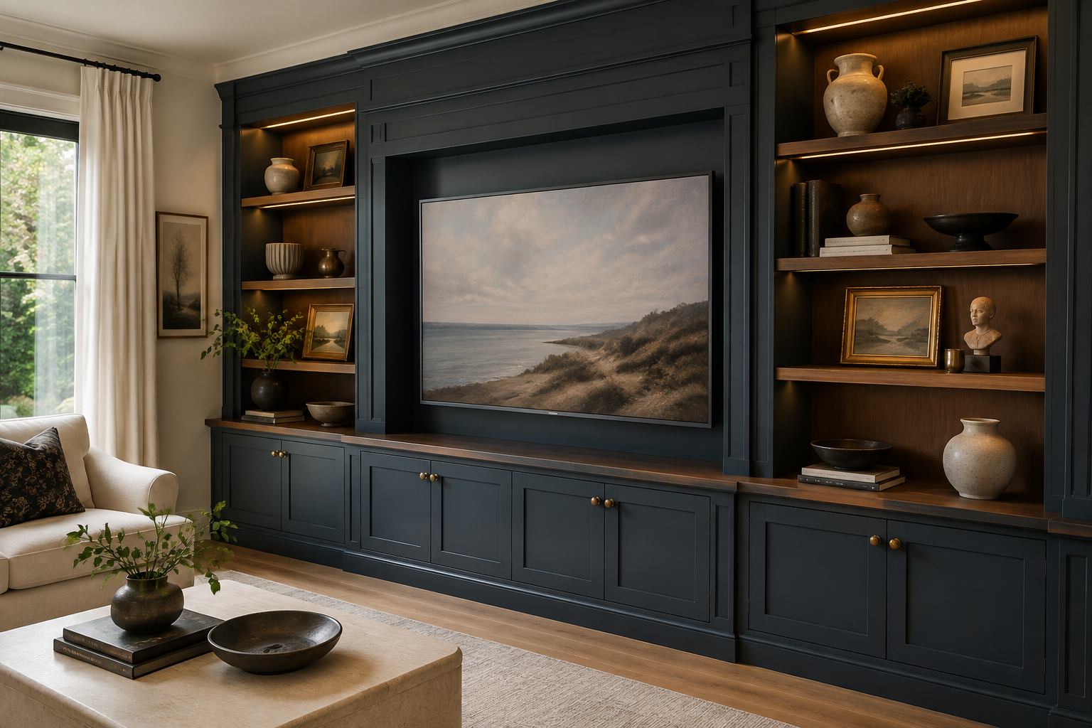 Built-in entertainment center with dark cabinetry, wood-backed display shelves and warm integrated lighting.