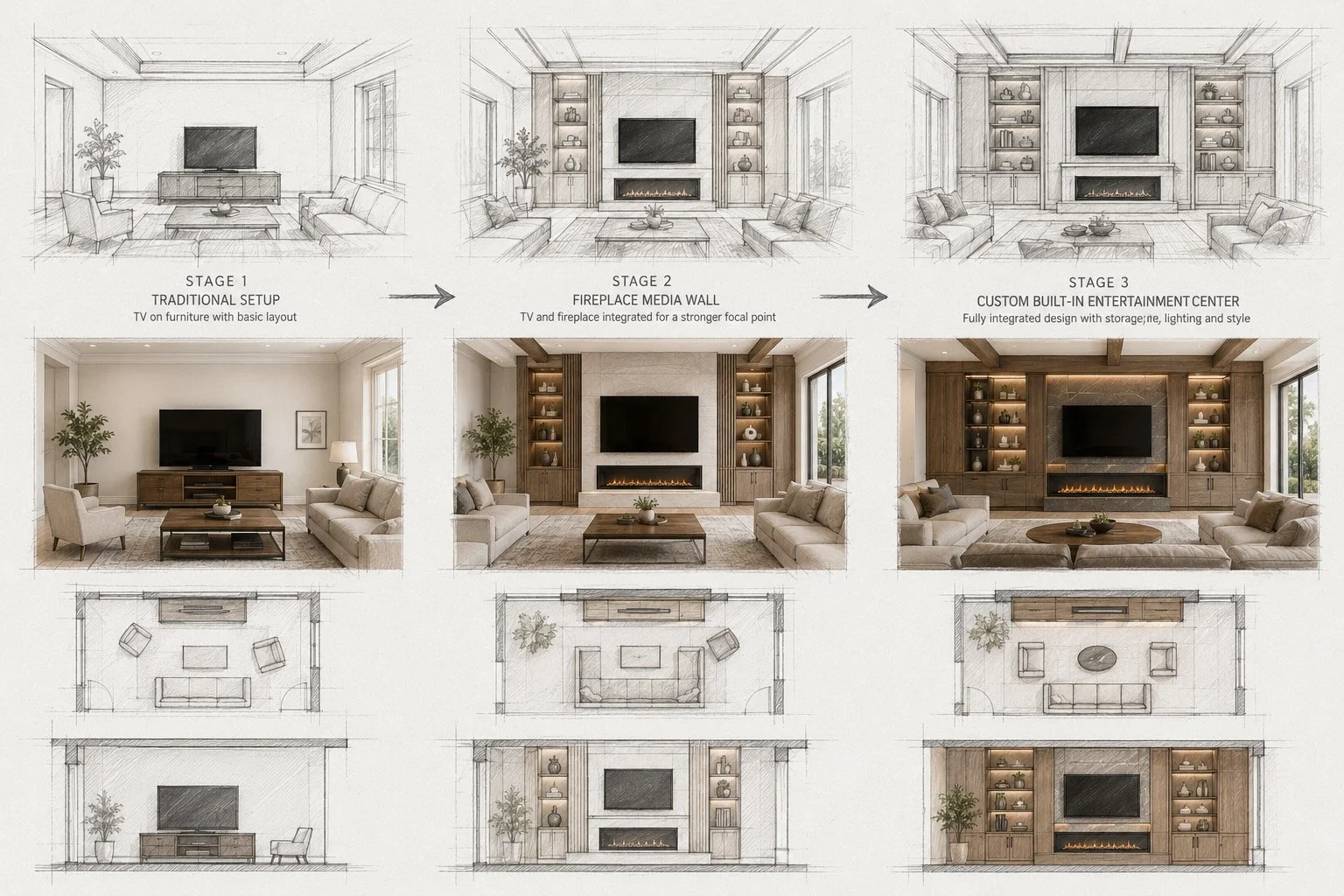 evolution from traditional TV setup to fireplace media wall and custom built-in entertainment center