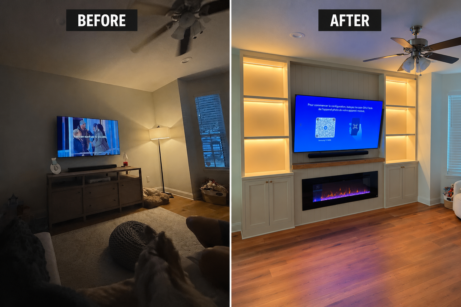 Before and after transformation of an Orlando living room into a custom fireplace media wall with built-in cabinets and illuminated shelves.
