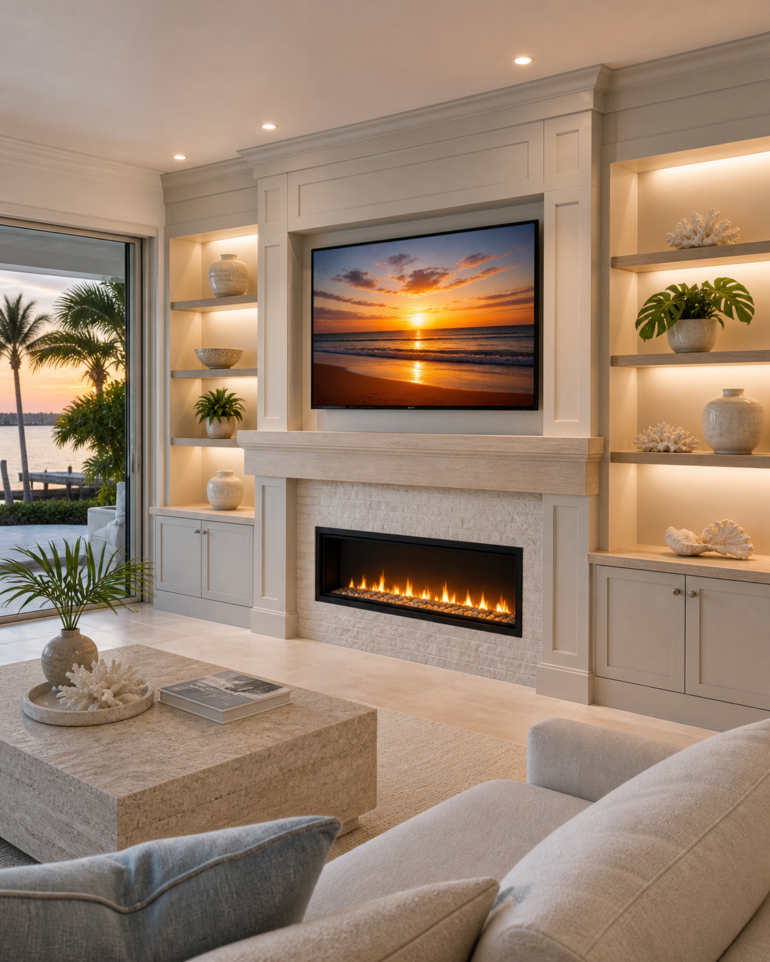 Living room with a mounted TV showing a beach sunset, a fireplace, built-in shelves with decor, and a sliding glass door leading to a patio with palm trees.
