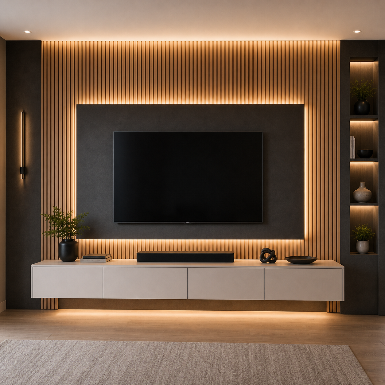 A-001 floating TV panel media wall with oak slats, backlighting, and white cabinet