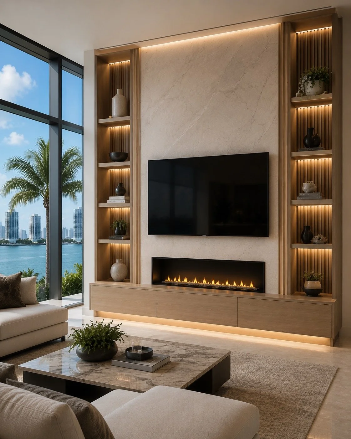 Luxury custom media wall with porcelain, wood cabinetry, electric fireplace, and LED lighting in a Miami home