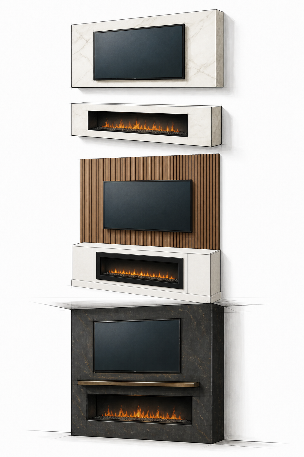 Architectural sketches comparing floating, connected, and full-height Decorative Panel Fireplace Media Wall configurations