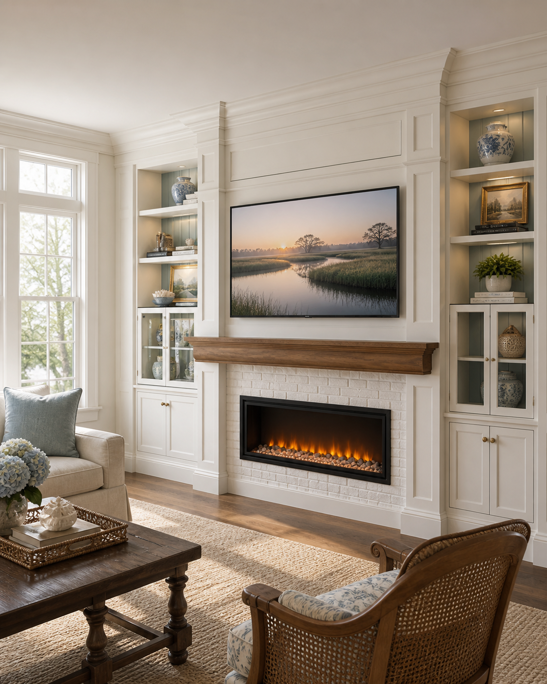 Living room with a fireplace, wall-mounted TV, built-in shelves with decor, a window with natural light, a beige sofa with pillows, a wooden coffee table with floral decor, and a woven rug.