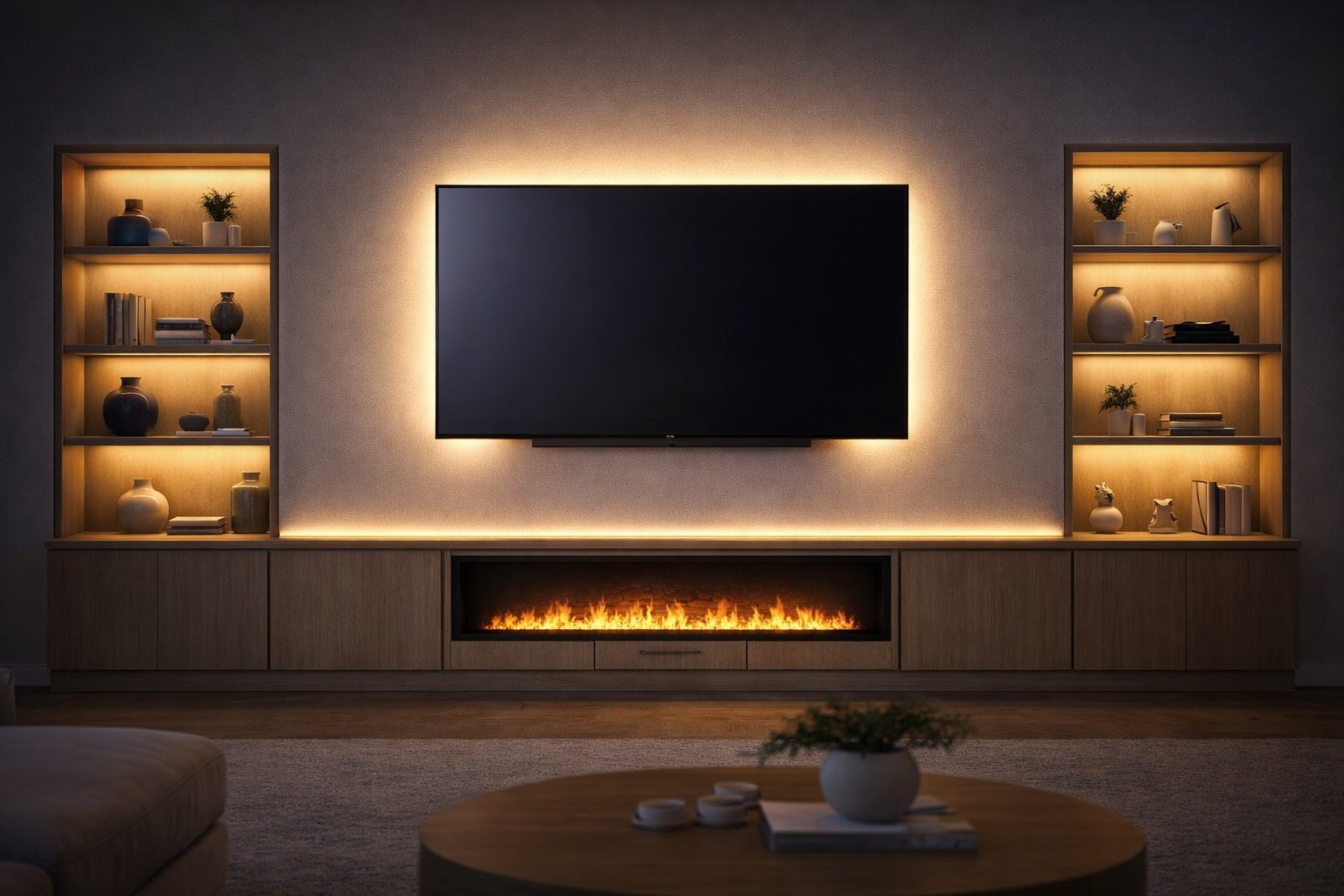 Lighting for Florida Media Walls. LED, Fireplace Glow, and Built-In Design