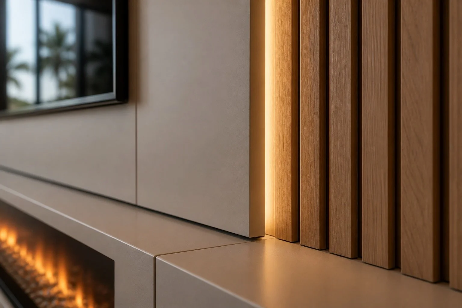 close up of media wall finish carpentry with wood slats and LED lighting detail