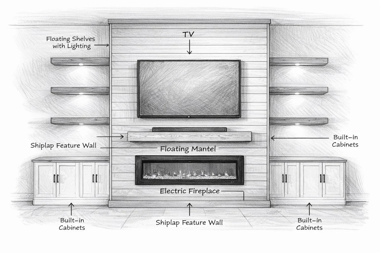 Black and white architectural sketch of a shiplap fireplace media wall with labeled elements including TV, floating mantel, electric fireplace, built-in cabinets, and illuminated shelves