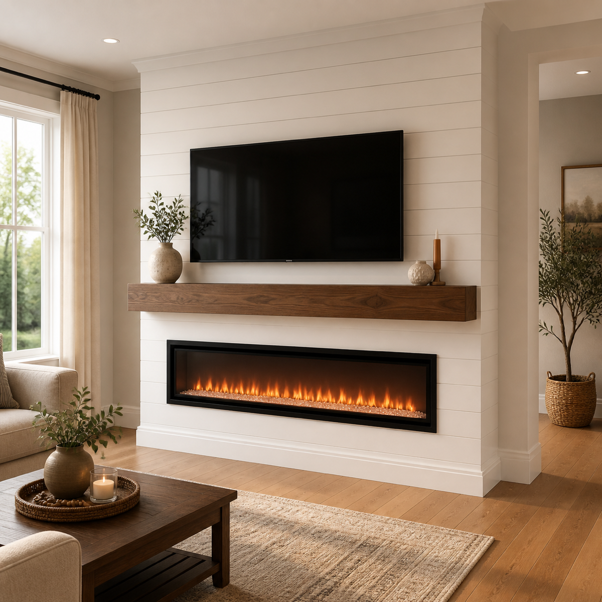 F-Series shiplap fireplace media wall with integrated television, linear electric fireplace, and walnut mantel.