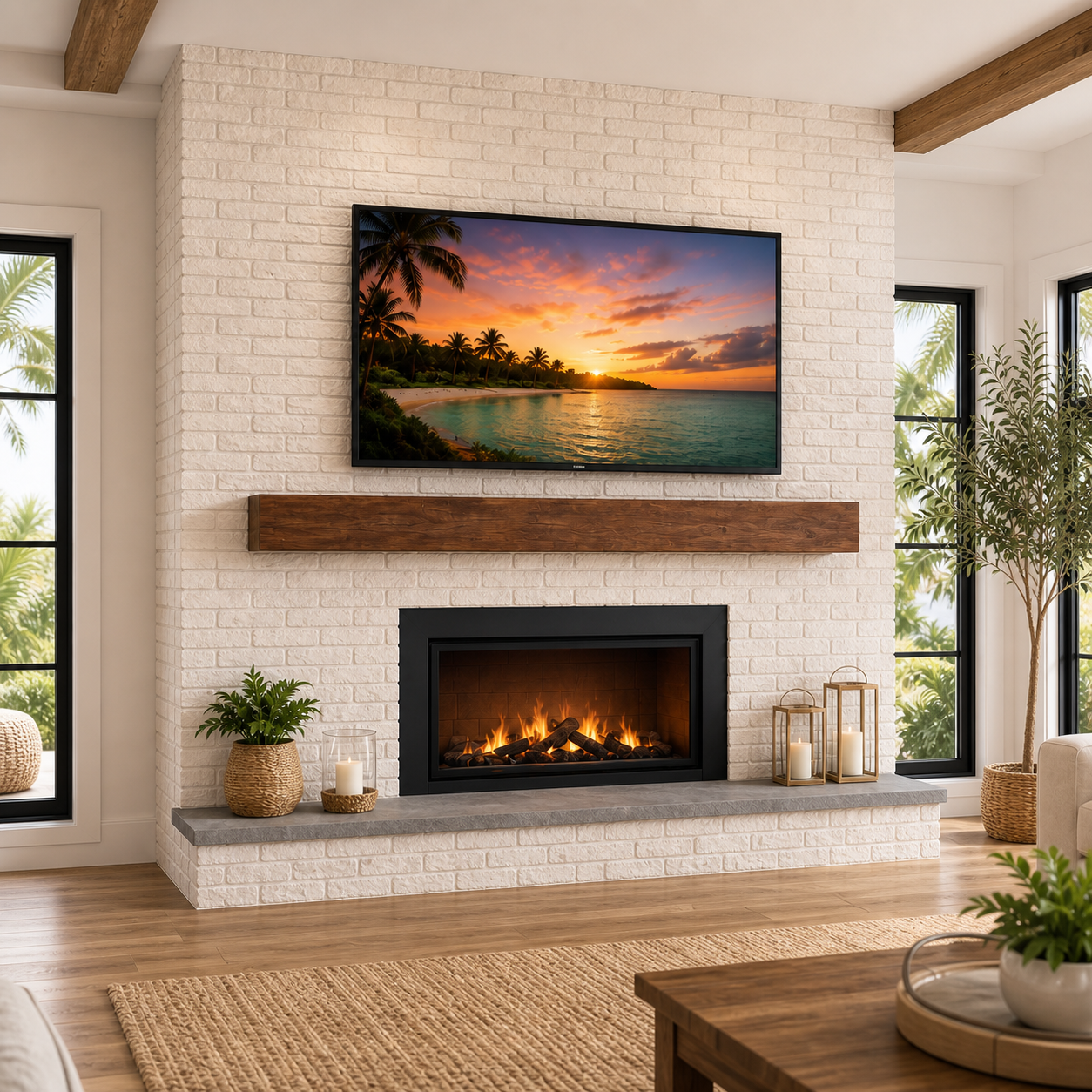 Brick Fireplace Media Wall with whitewashed running-bond brick, walnut mantel, integrated TV, and electric fireplace