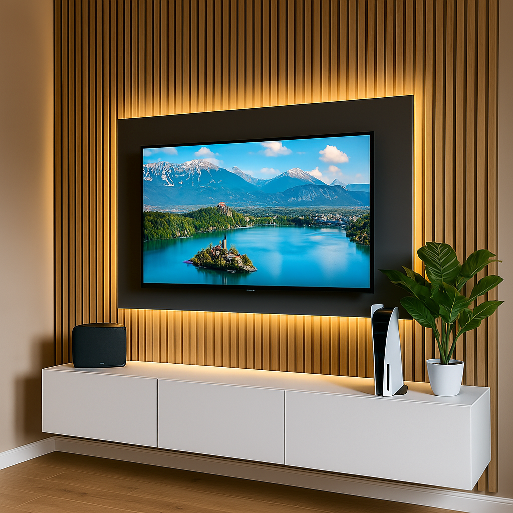 Living room with a wall-mounted flat-screen TV displaying a scenic landscape, a white cabinet below with a speaker and a gaming console, and a green potted plant.