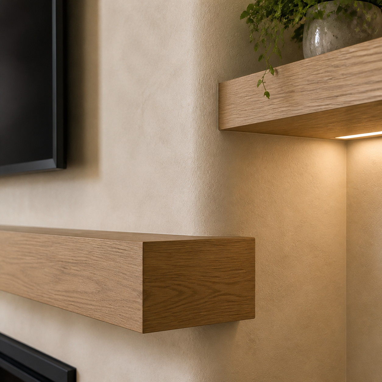 Natural oak mantel and illuminated shelf installed against a softly textured limewash media wall