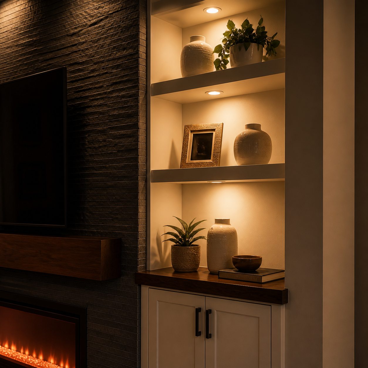 Illuminated display niches beside a dark ledger stone fireplace centerpiece