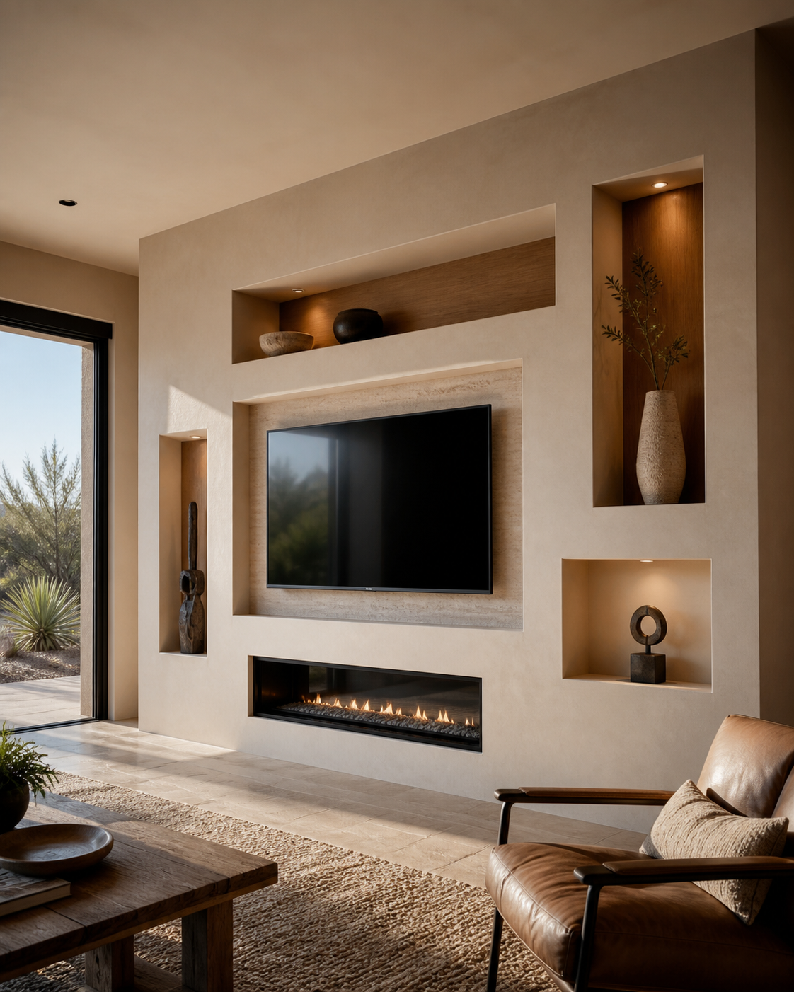 Living room with built-in wall decor, a mounted flat-screen TV, a modern fireplace below the TV, a leather armchair with a pillow, a wooden coffee table, and a large sliding glass door leading outside to a landscape with trees and desert plants.
