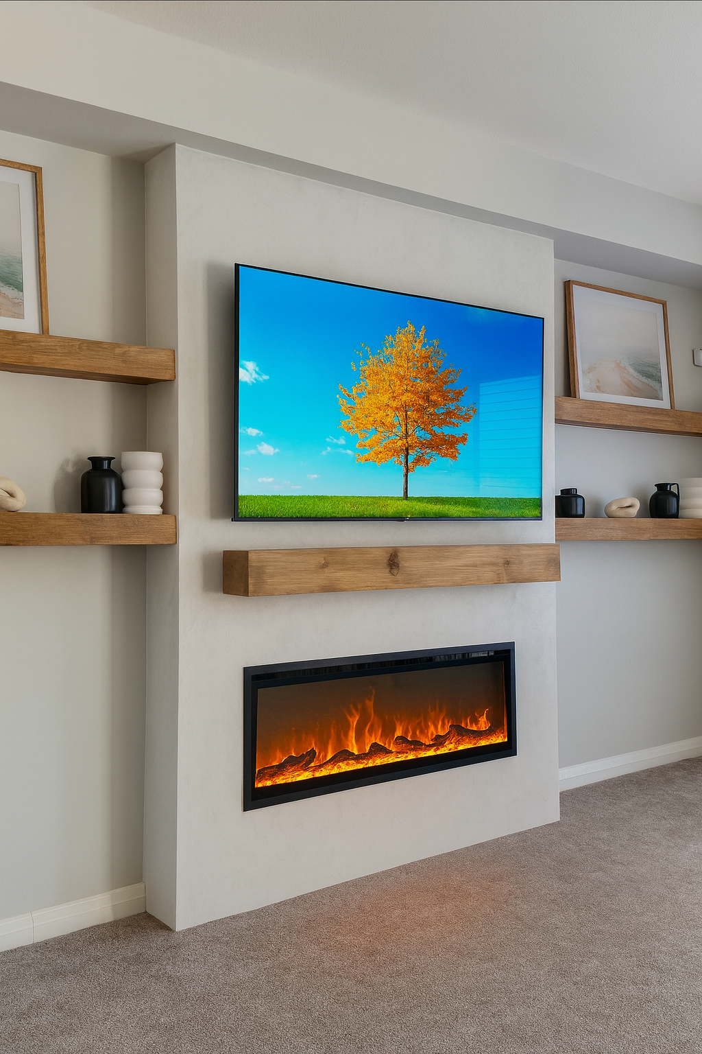 limewash fireplace media wall with floating mantel and TV in Miami