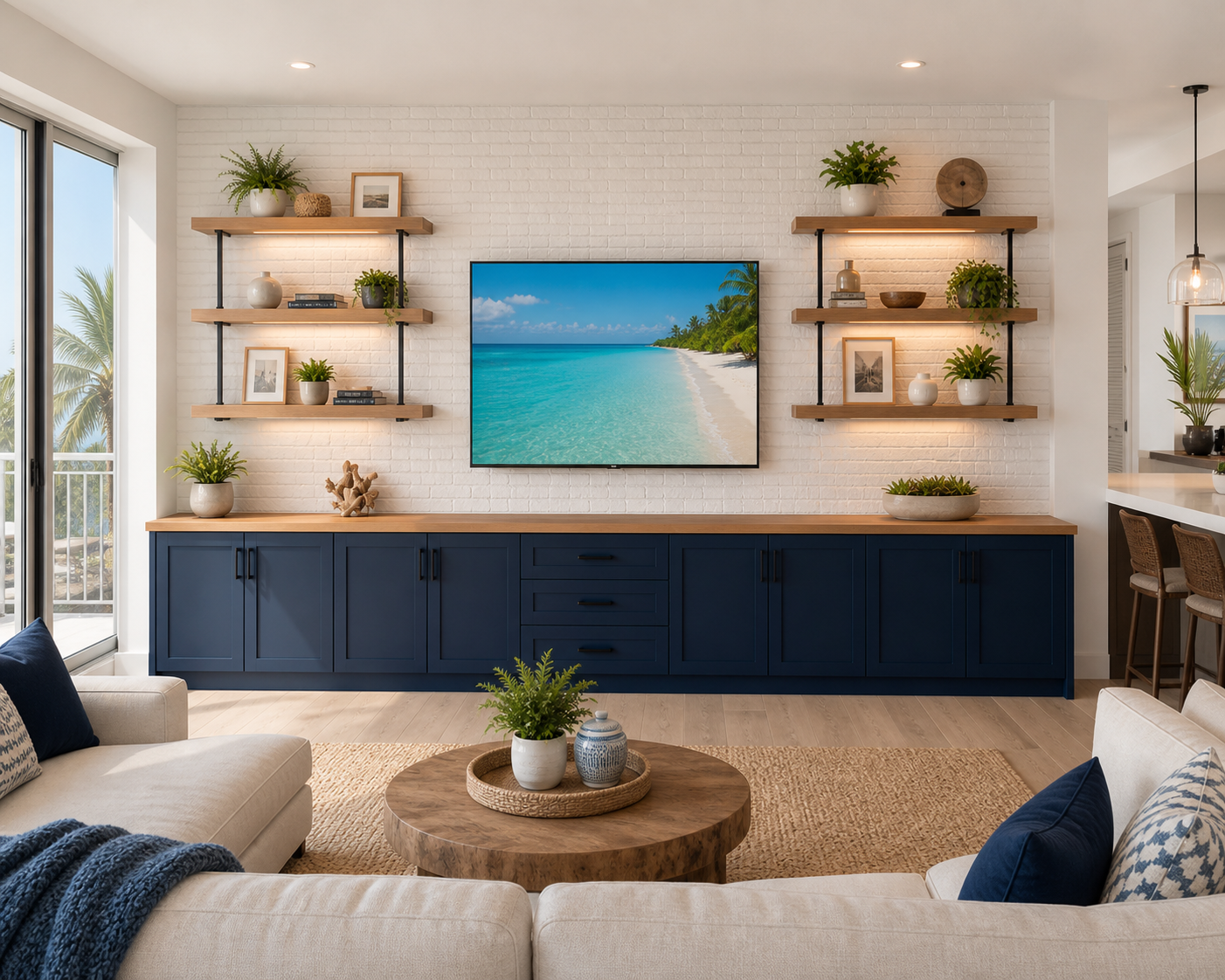 Living room with beige sectional, coffee table, navy pillows, patterned throw, white brick wall, mounted TV displaying beach scene, blue cabinet, wooden shelves with plants, framed photos, decorative objects, and large sliding glass door with outdoor