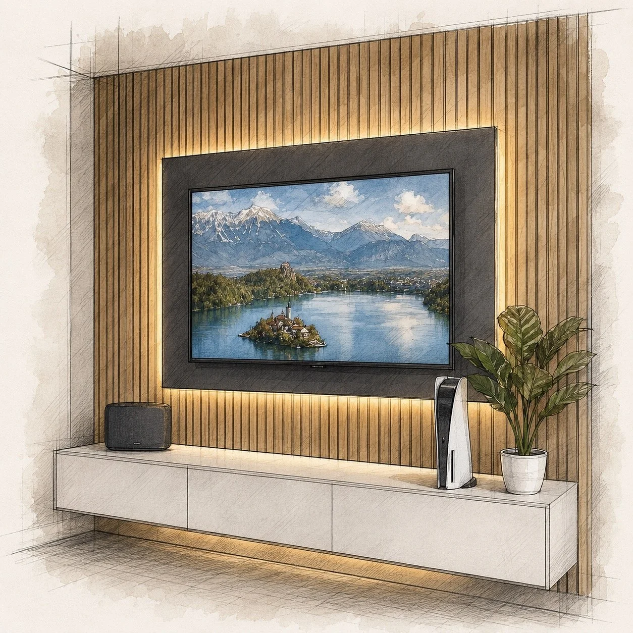 Modern living room with a wall-mounted flat-screen TV showing a landscape of snow-capped mountains, a lake with an island, and a cloudy sky. The TV is framed by a wooden panel with backlighting. Below, a white console holds a speaker, a gaming console, and a potted plant, all against a textured wall.
