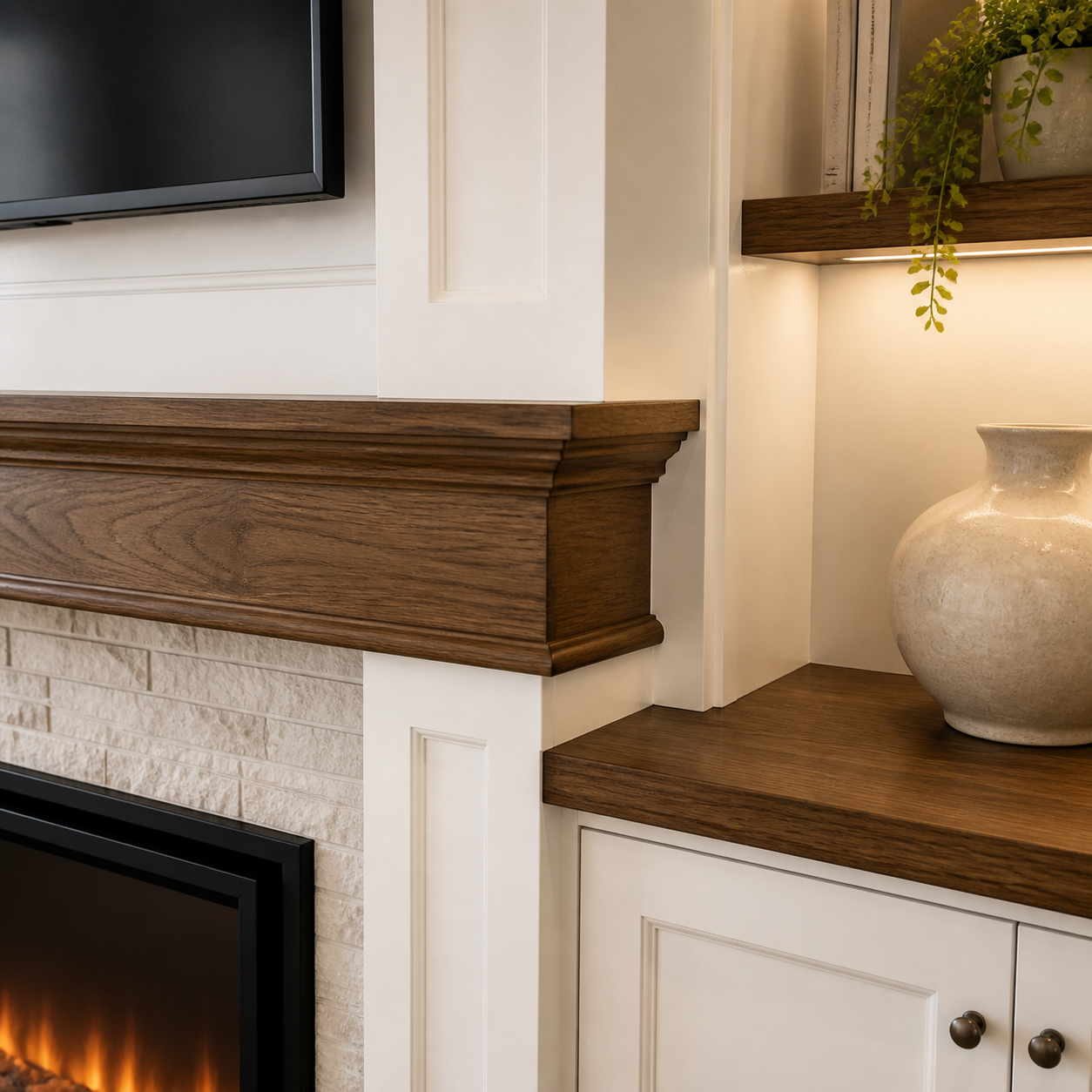 Natural wood mantel, countertop, and shelving paired with warm white classic cabinetry