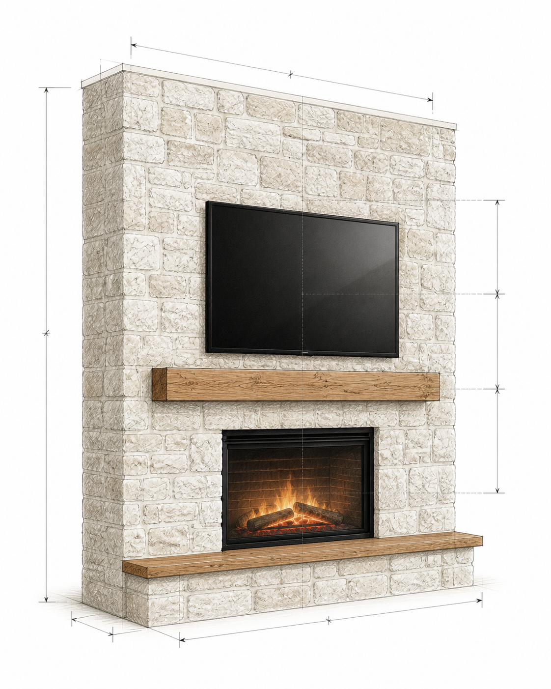 Architectural customization sketch of a Stone Fireplace Media Wall with Rough Cut Stone, centered TV, oak mantel, electric fireplace, and raised hearth