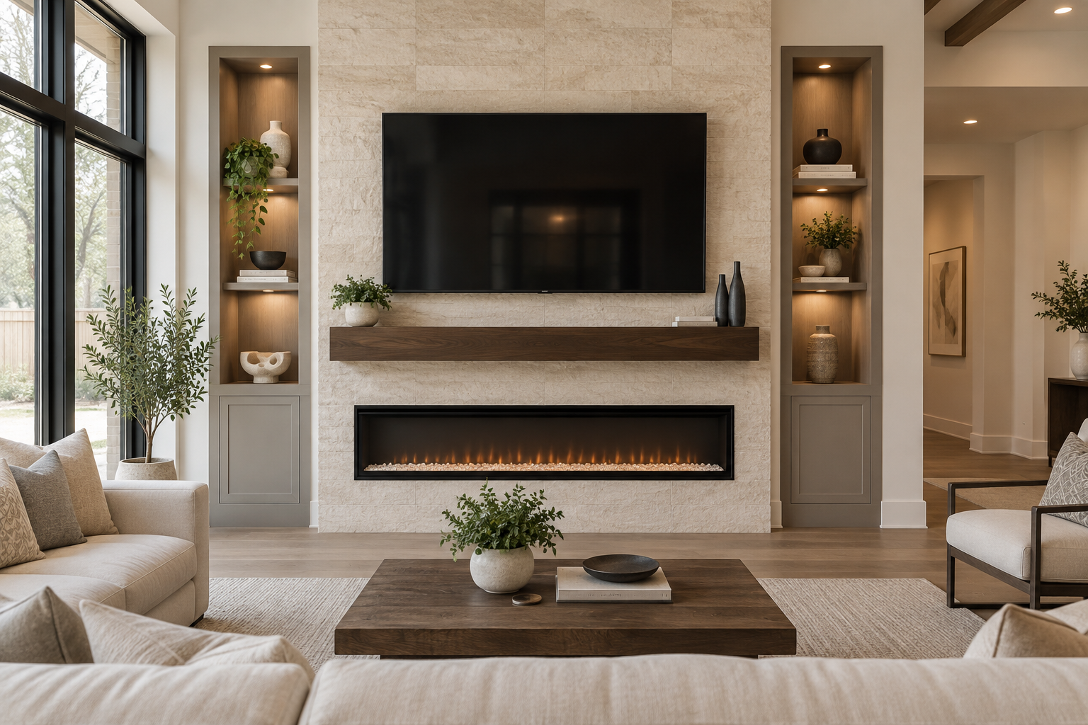 Concept visualization of an F Series media wall with a mounted TV, linear electric fireplace, limestone finish, wood mantel, and illuminated niches.