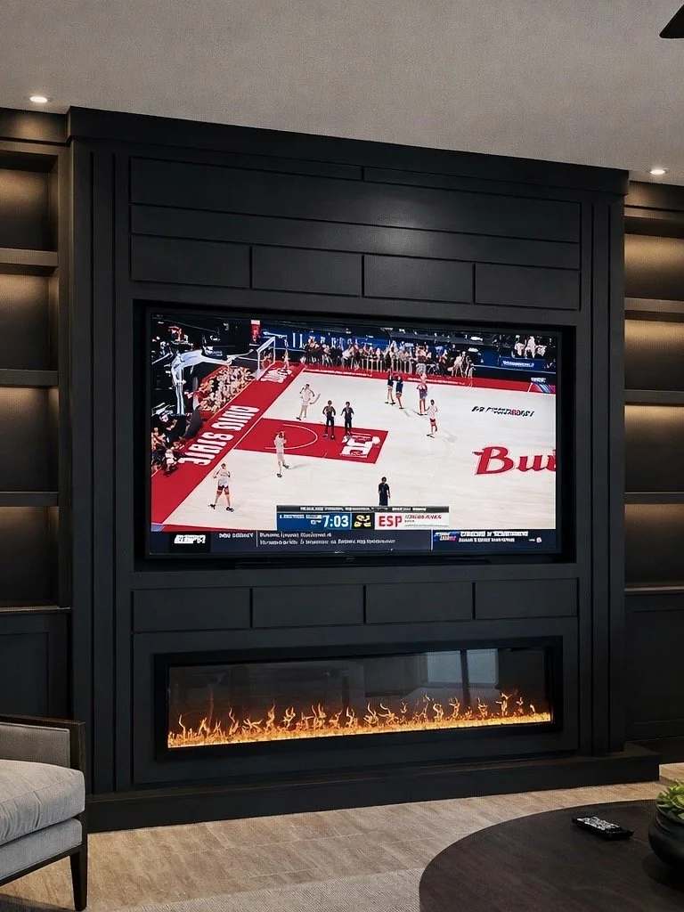 electric fireplace and TV integrated into custom built-in wall