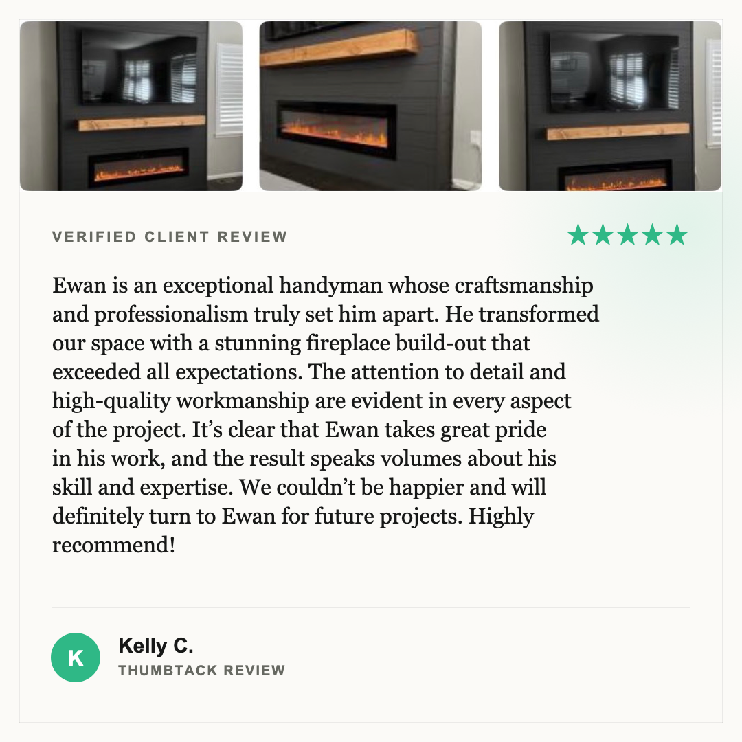 Photos of a modern living room featuring a black accent wall with a mounted flat-screen TV, a horizontal electric fireplace, and a wooden shelf above the fireplace, with a window with white shutters to the right.