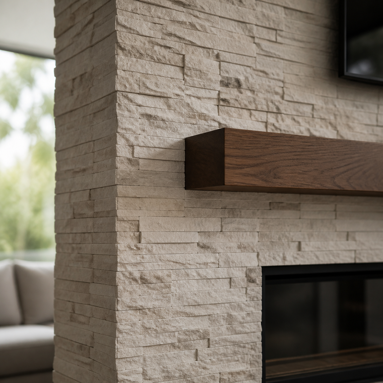 Close-up of a beige stone fireplace wall with a wooden mantel in a living room, with a blurred background showing a sofa and window.
