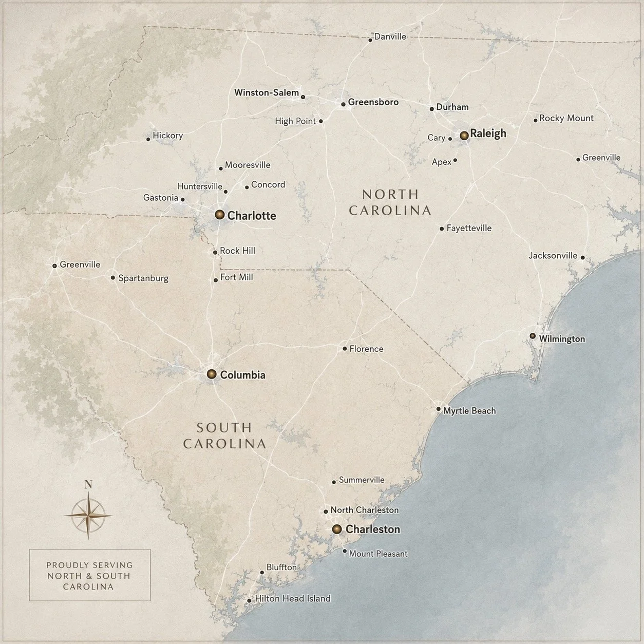 Stylized service area map of North Carolina and South Carolina highlighting Charlotte, Raleigh, Columbia, Charleston, and surrounding regions served by TV Media Wall