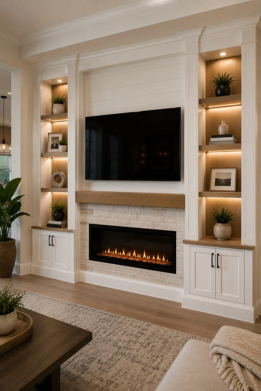 Classic white built-in media wall with electric fireplace, ledger stone, wood accents, and illuminated shelves in an Orlando home