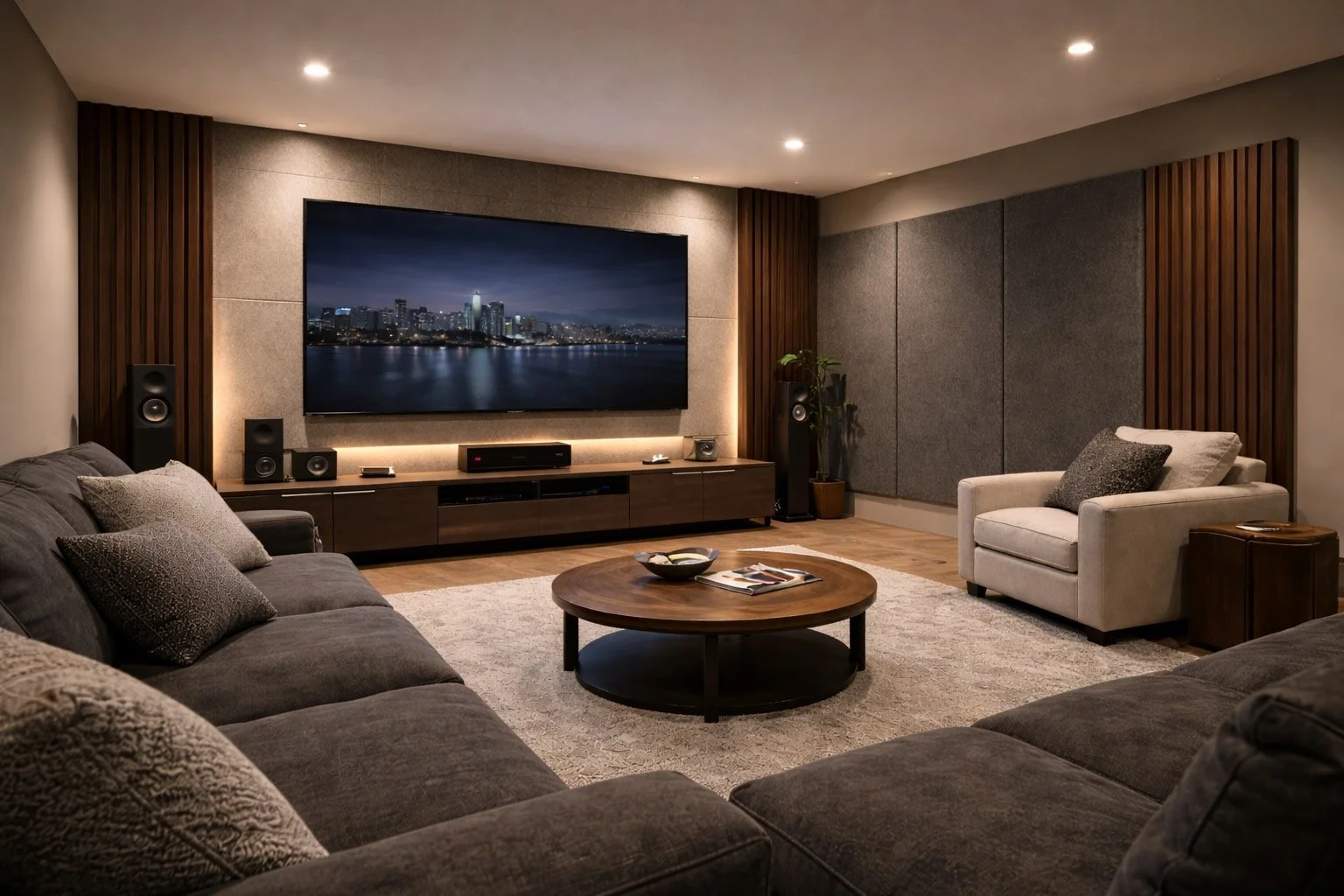 A modern living room with a large wall-mounted TV, surrounded by speakers, a low wooden TV stand, comfortable sofas, a round coffee table with magazines, a white armchair with a throw pillow, a tall plant, and wood-paneled accents on the walls.