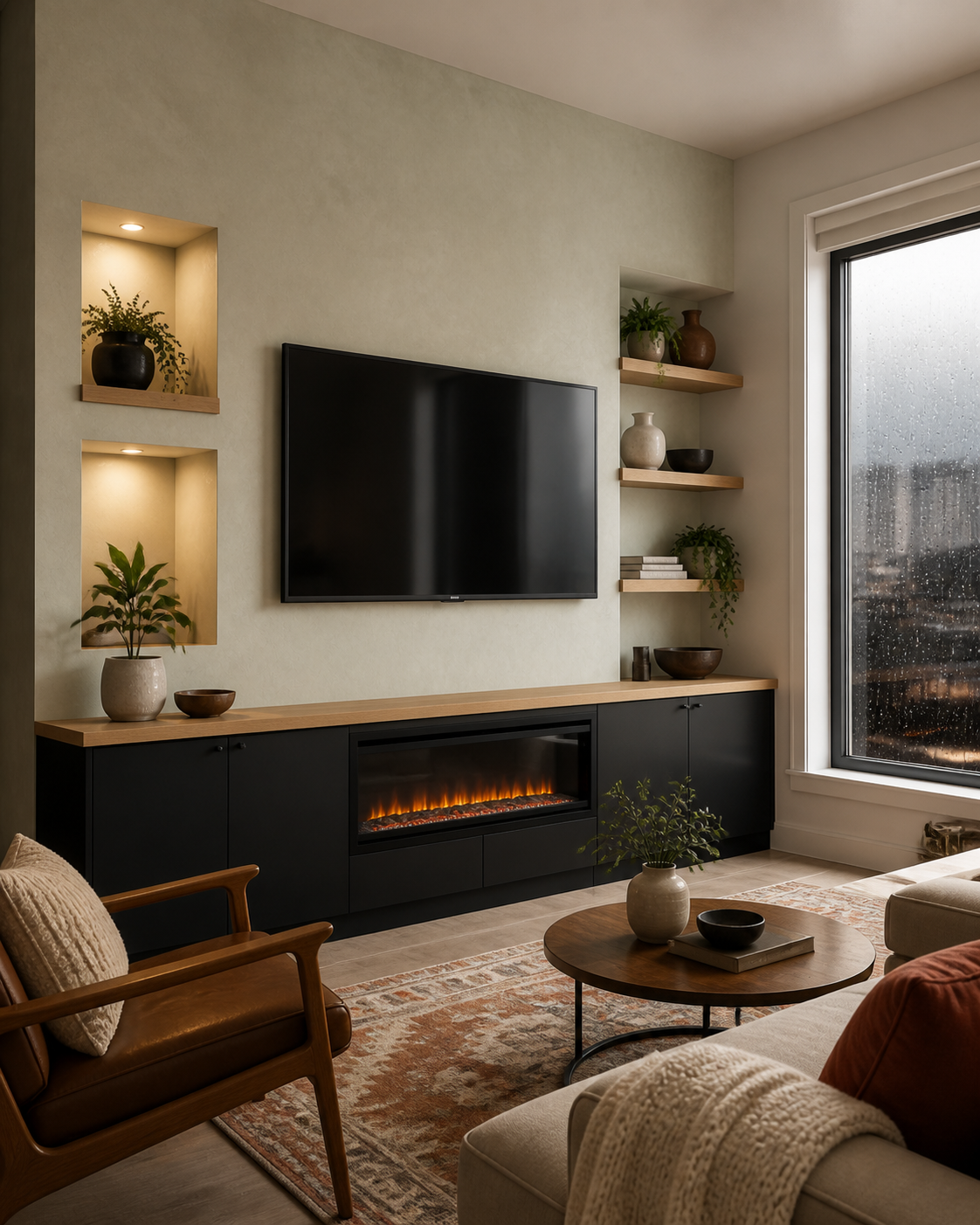 Living room with a mounted flat-screen TV, built-in electric fireplace, wooden shelves with decorative vases and plants, large window with rain on the glass, beige sofa with a blanket, small round coffee table with a vase and bowls, area rug, leather