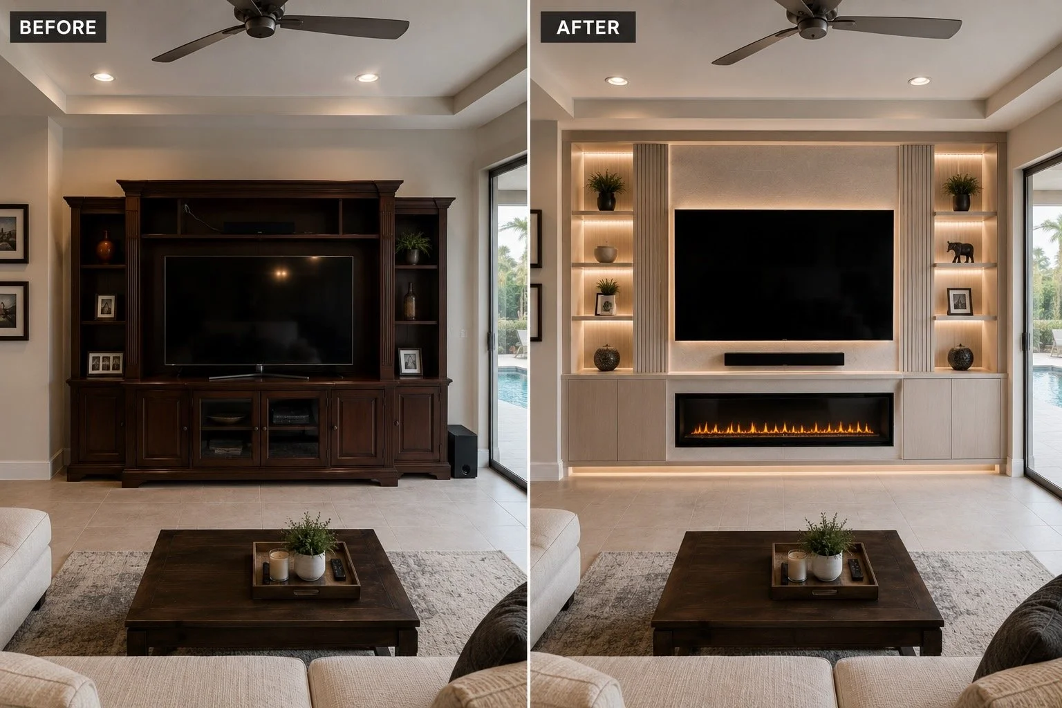 before and after built in entertainment center transformation in Florida home