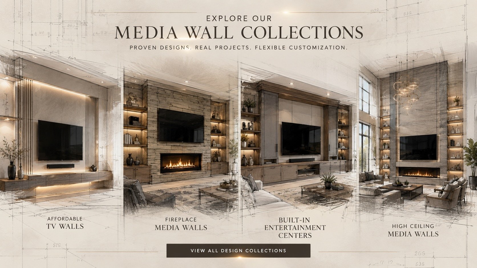 Architectural sketch collage showcasing four custom media wall collections including modern TV walls, fireplace media walls, built-in entertainment centers, and high-ceiling media wall designs with integrated lighting and contemporary finishes.