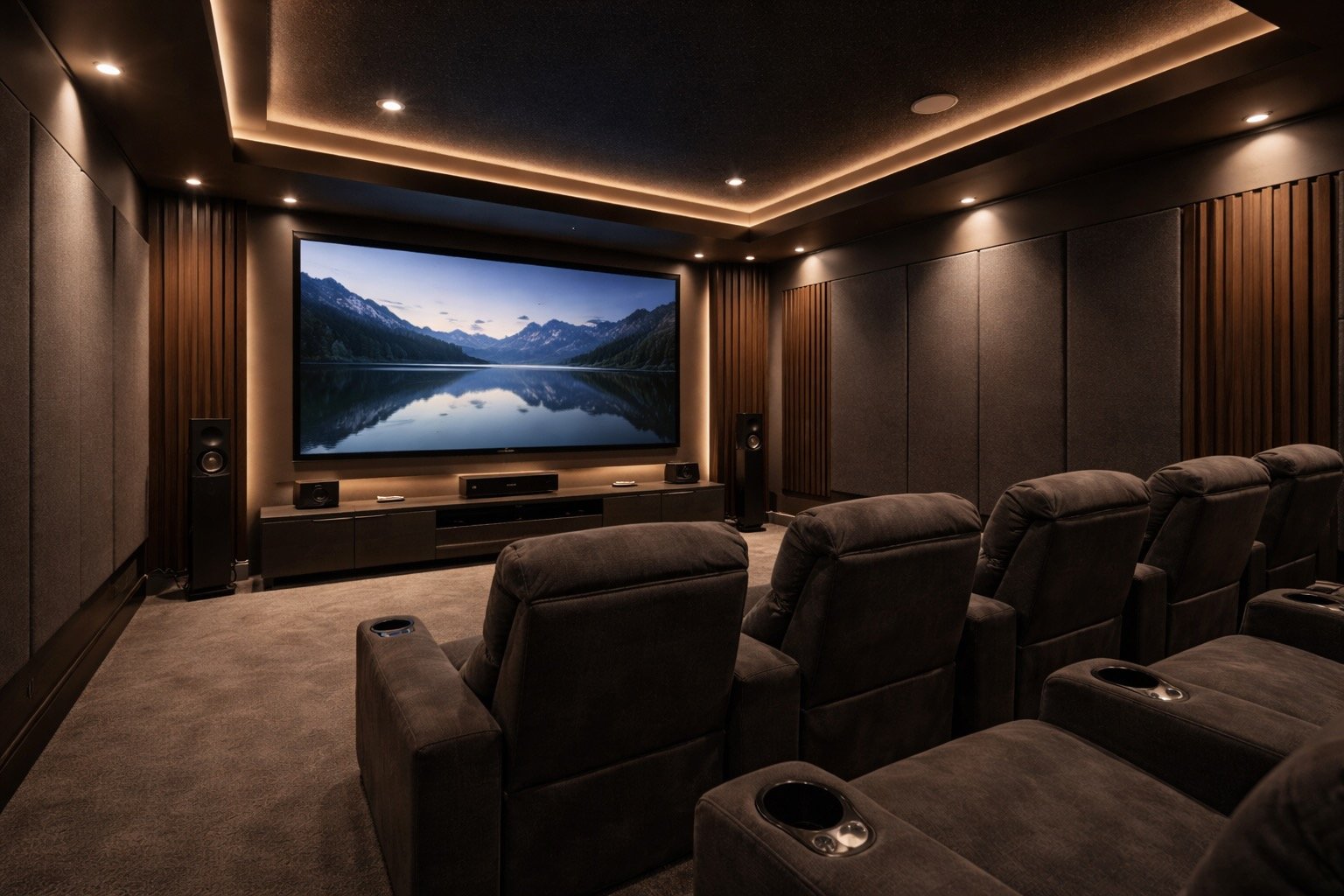 A home theater room with plush black theater chairs facing a large flat-screen TV displaying a mountain and lake landscape. The room has dark walls, acoustic panels, and subtle ceiling lighting.
