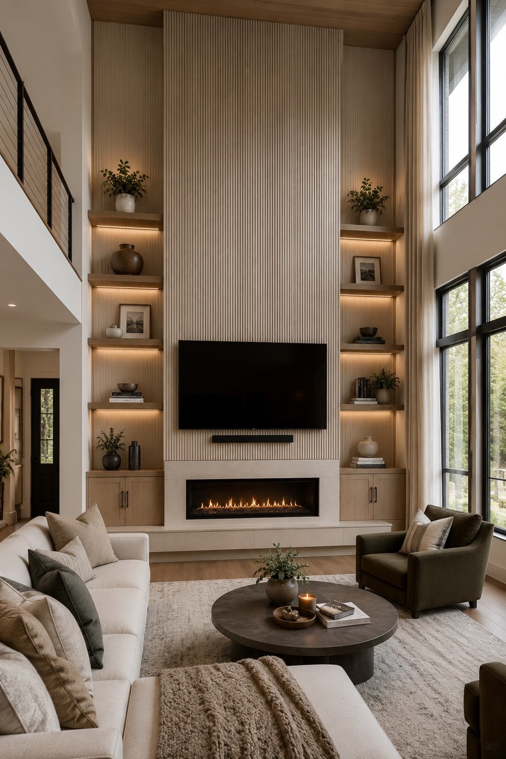 Floor-to-ceiling media wall with integrated fireplace, custom shelving, warm LED lighting, and vertical wood slat feature wall in a modern Georgia living room with 16-foot ceilings.
