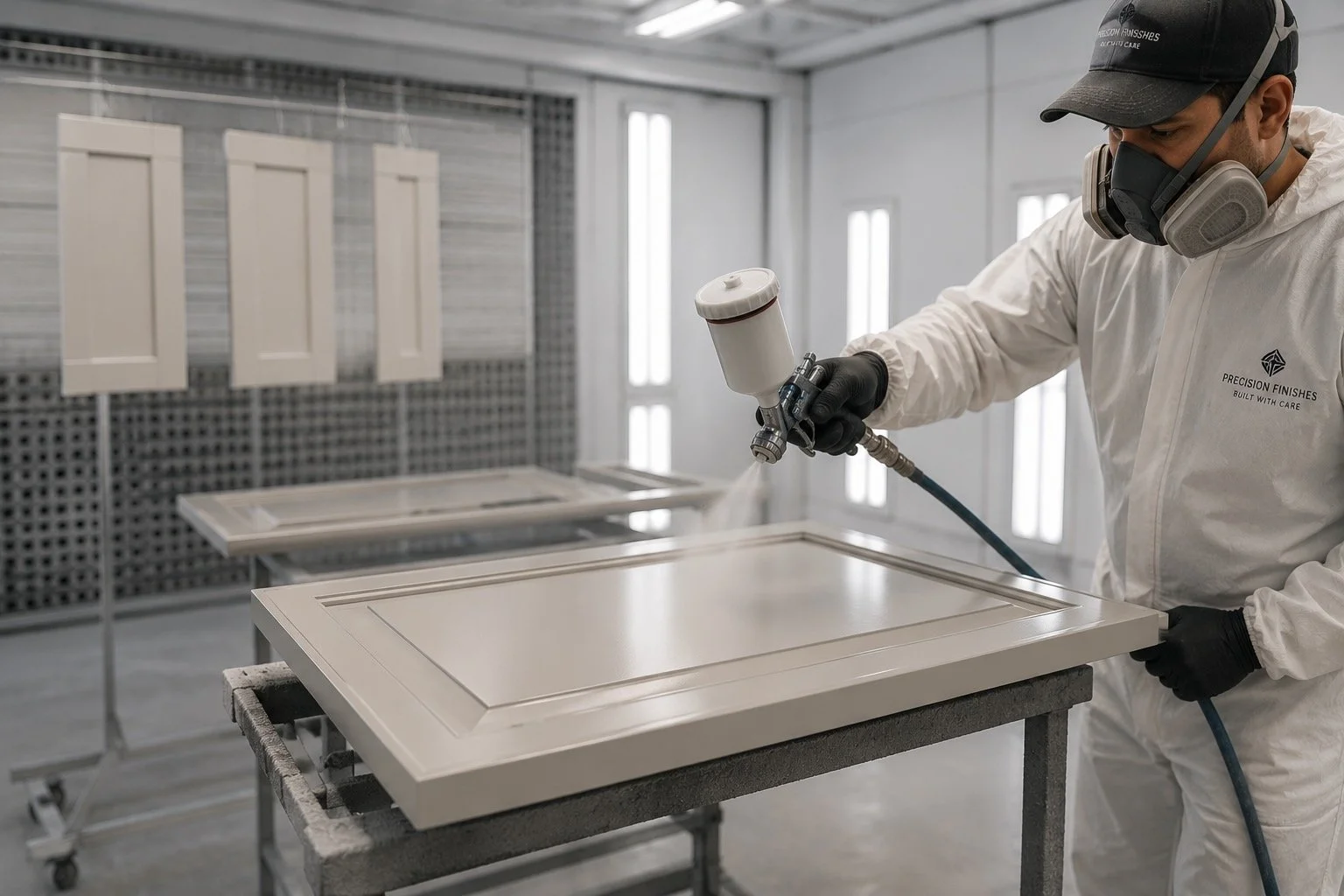 Professional cabinet finishing process using HVLP spray equipment in a controlled spray booth to achieve smooth furniture-grade finishes for custom media walls and built-in cabinetry.