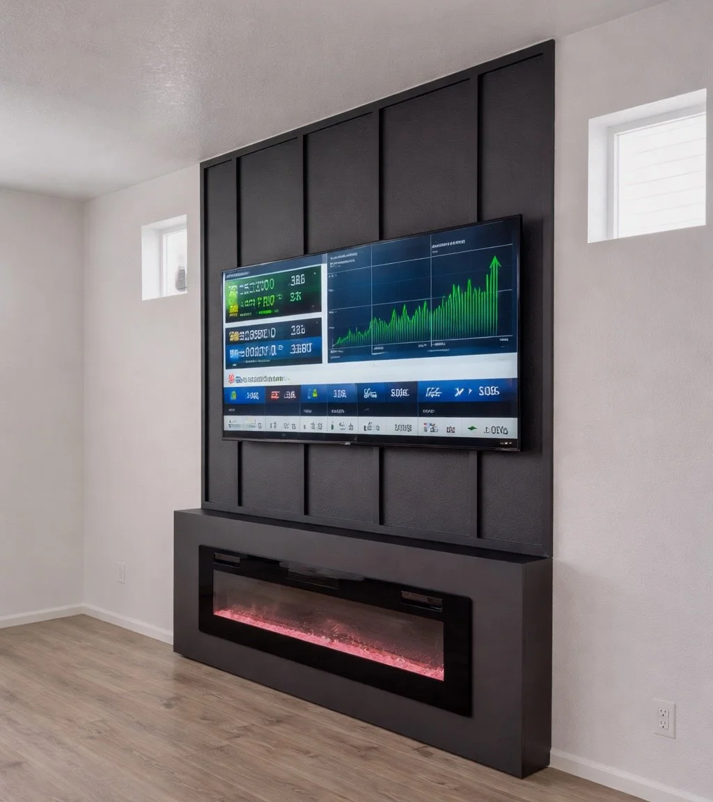 Living room with a large flat-screen TV displaying stock market data, mounted on a black panel wall above a modern electric fireplace with pink lighting.