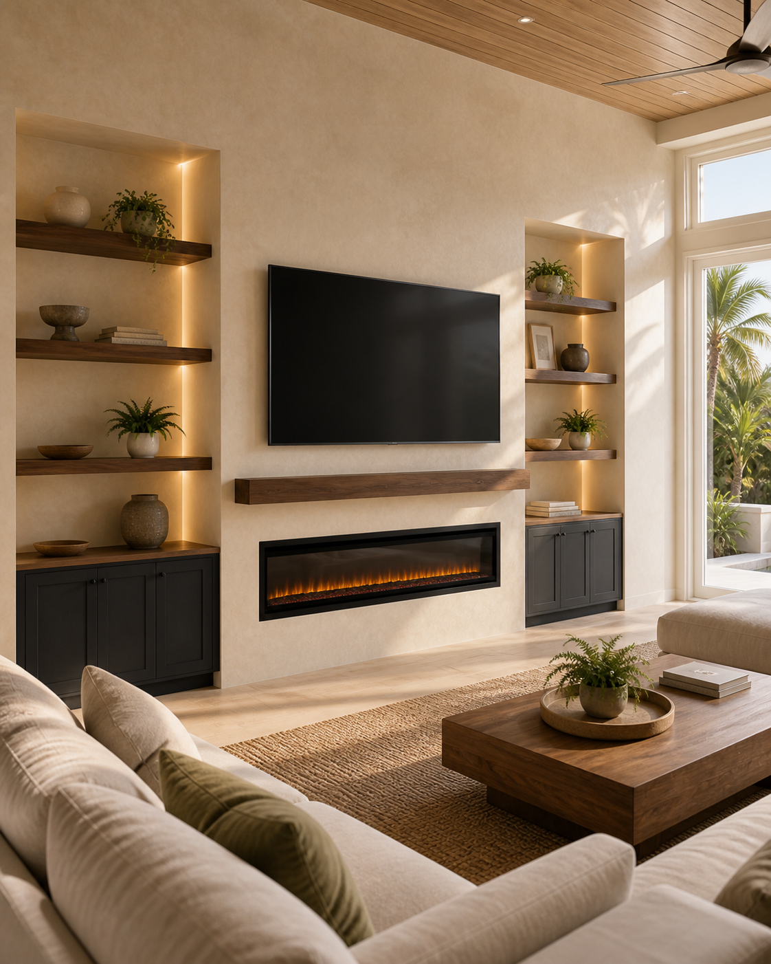 Modern living room with a wall-mounted TV and an electric fireplace below it, surrounded by built-in shelves with decorative items, large windows with sunlight, and a beige couch with cushions.