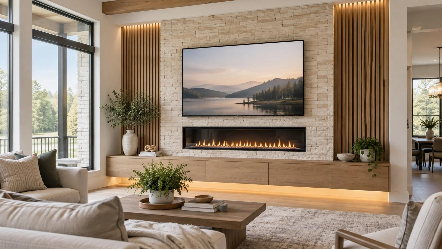 Design concept for a custom media wall with ledger stone, wood slats, floating cabinetry, TV, and electric fireplace.