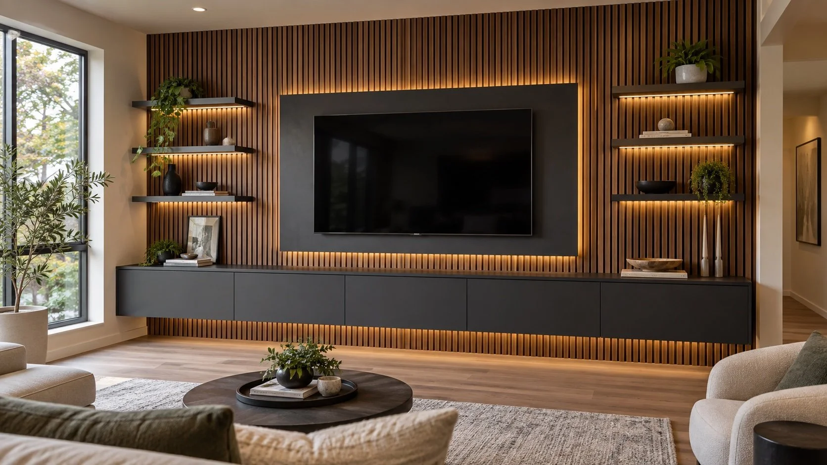 Wood slat media wall design concept for a Charlotte home with a floating TV panel, cabinet, shelves, and LED lighting.