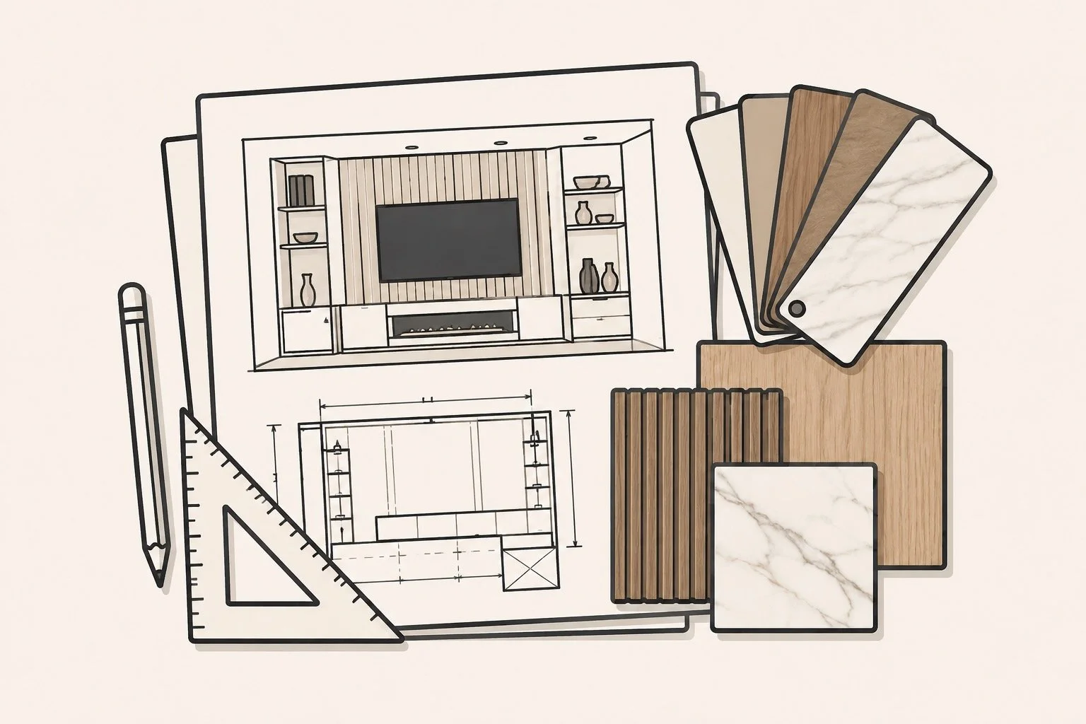 Media wall design drawings with material samples, measurements, and finish selections