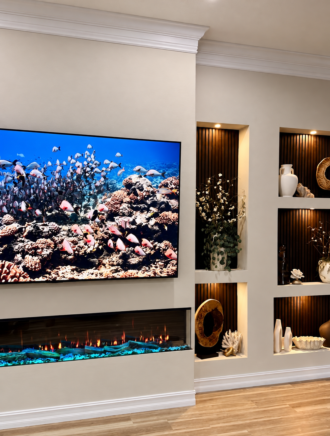 Completed Modern Niche Media Wall in Melbourne, Florida with an asymmetrical TV, three-sided electric fireplace, illuminated display niches, and dark fluted back panels