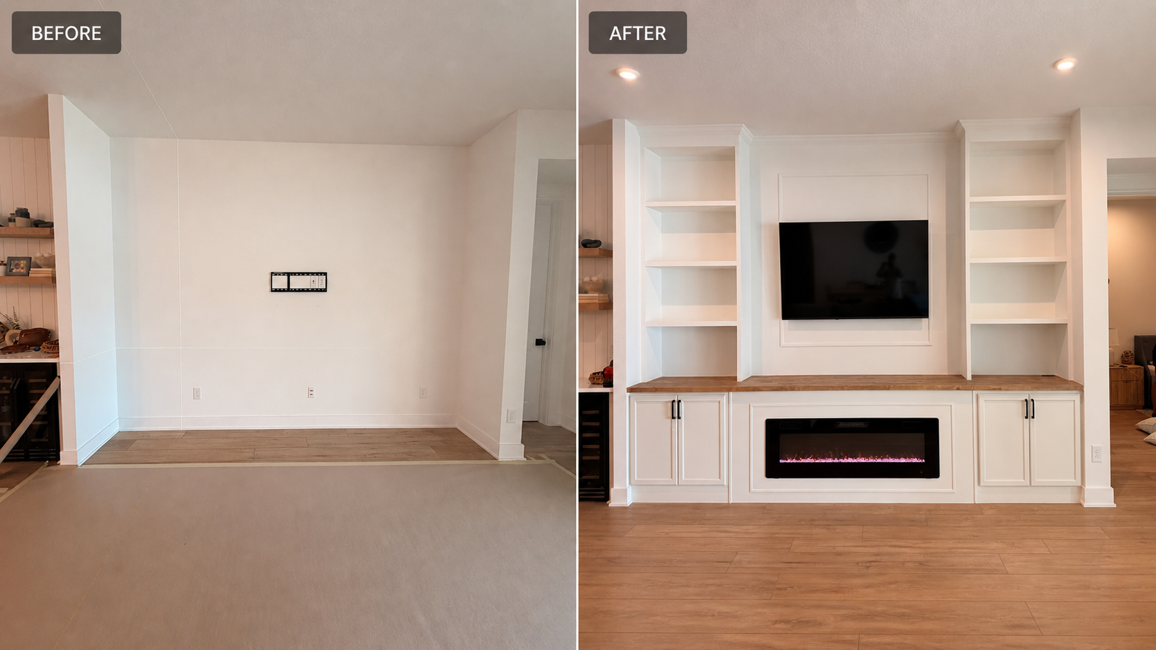 Before and after transformation of a blank wall into a custom built-in entertainment center in Tampa