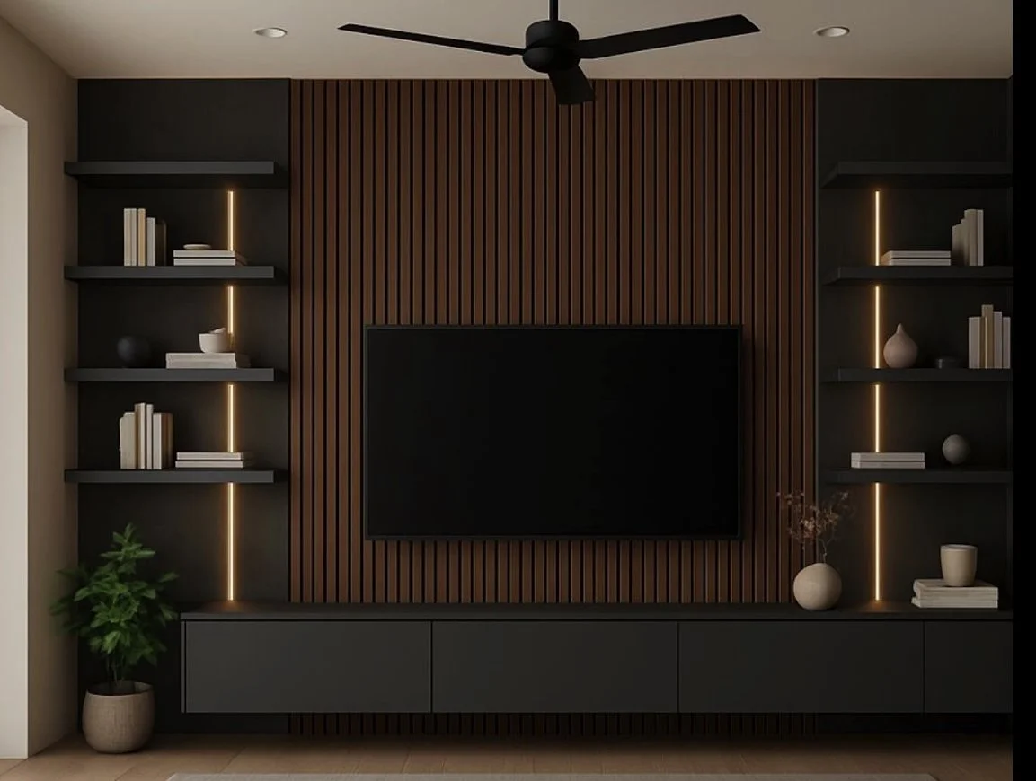 Design concept for Charlotte media wall with wood slats, floating TV cabinet, open shelves and integrated LED lighting